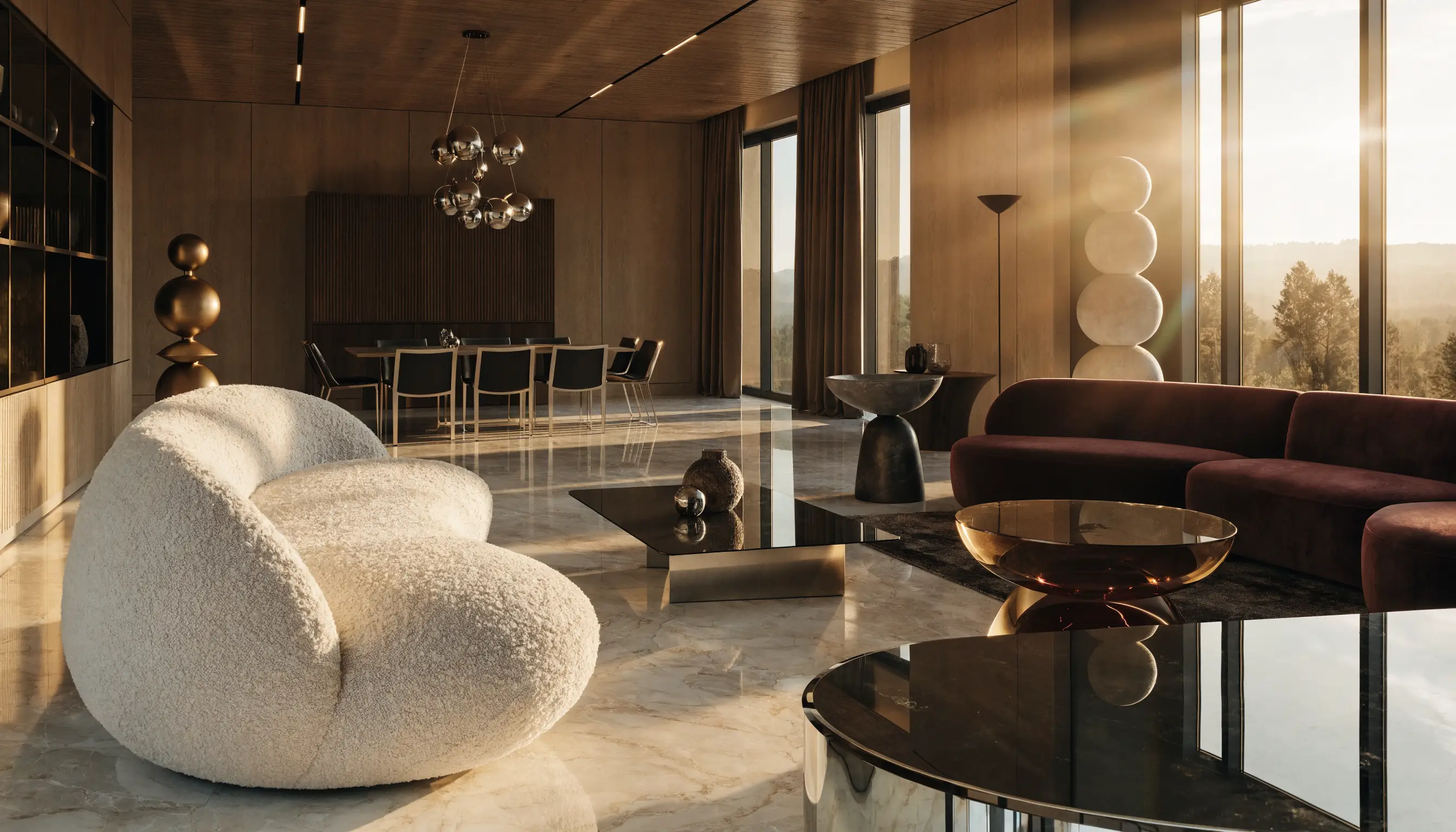 A premium staged living room interior, the kind of scene a listing video brings to life