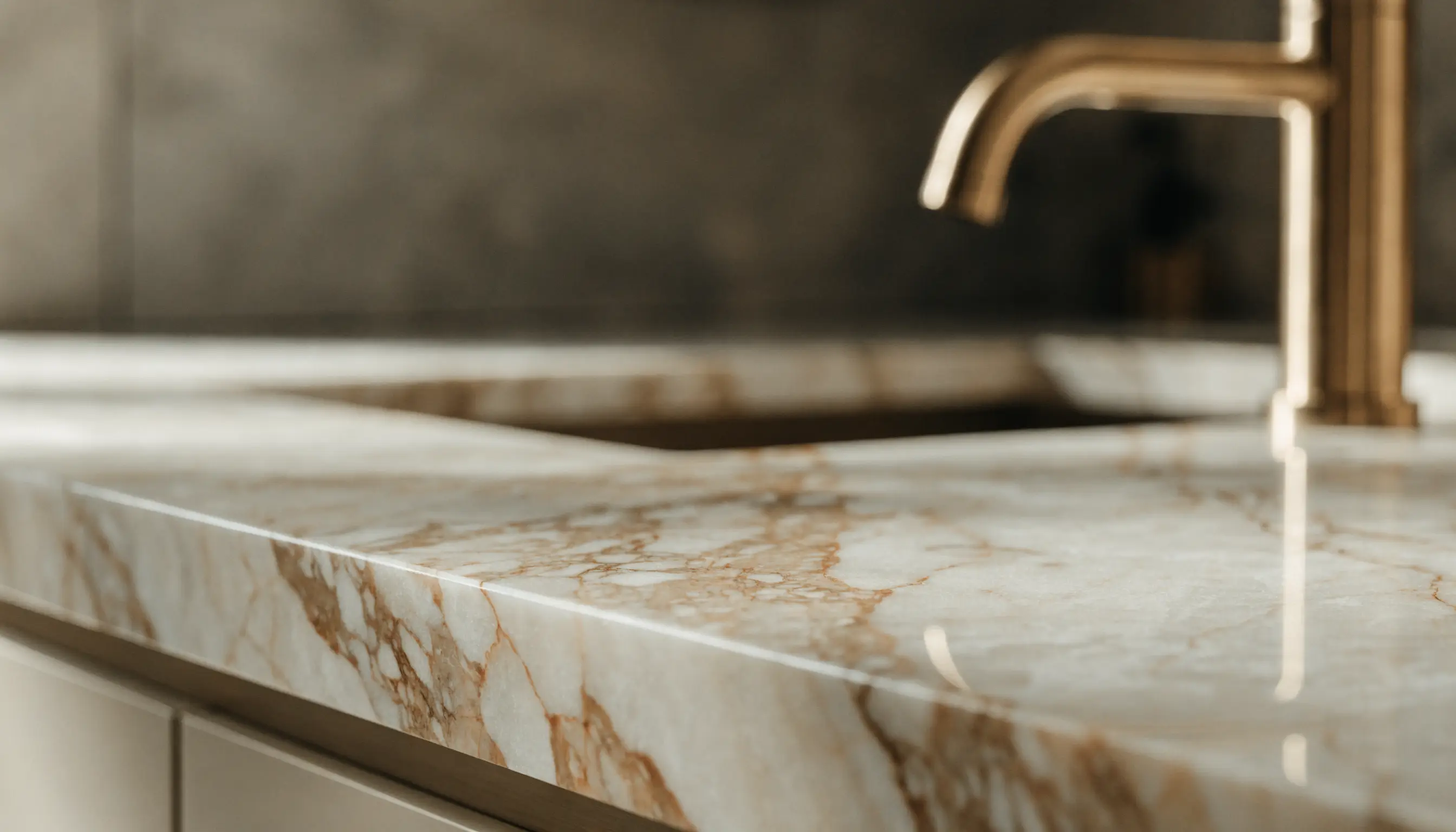Cinematic close-up detail shot of a premium kitchen faucet finish