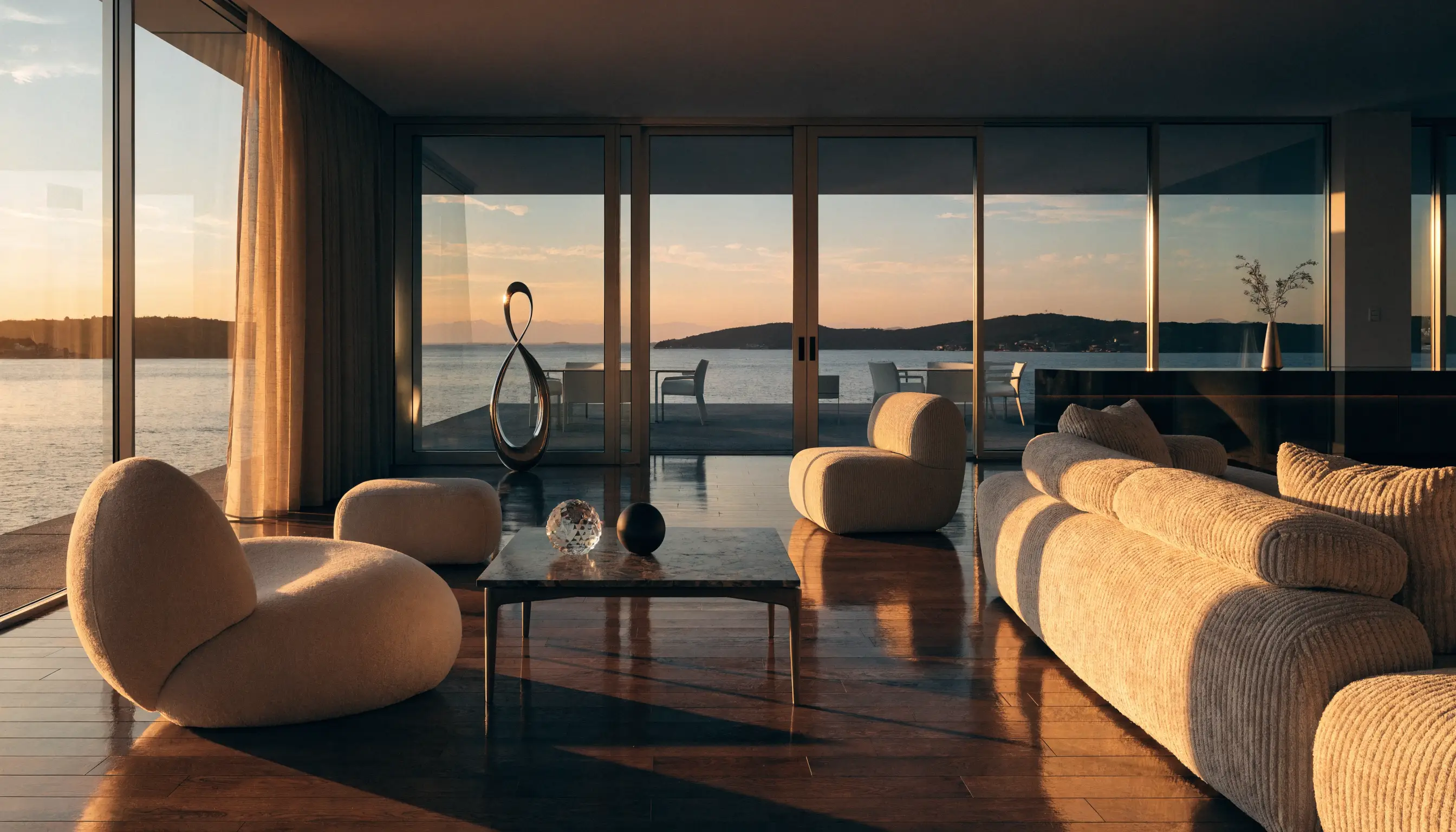 Modern living room from a real estate listing video, lit at golden hour with floor-to-ceiling windows