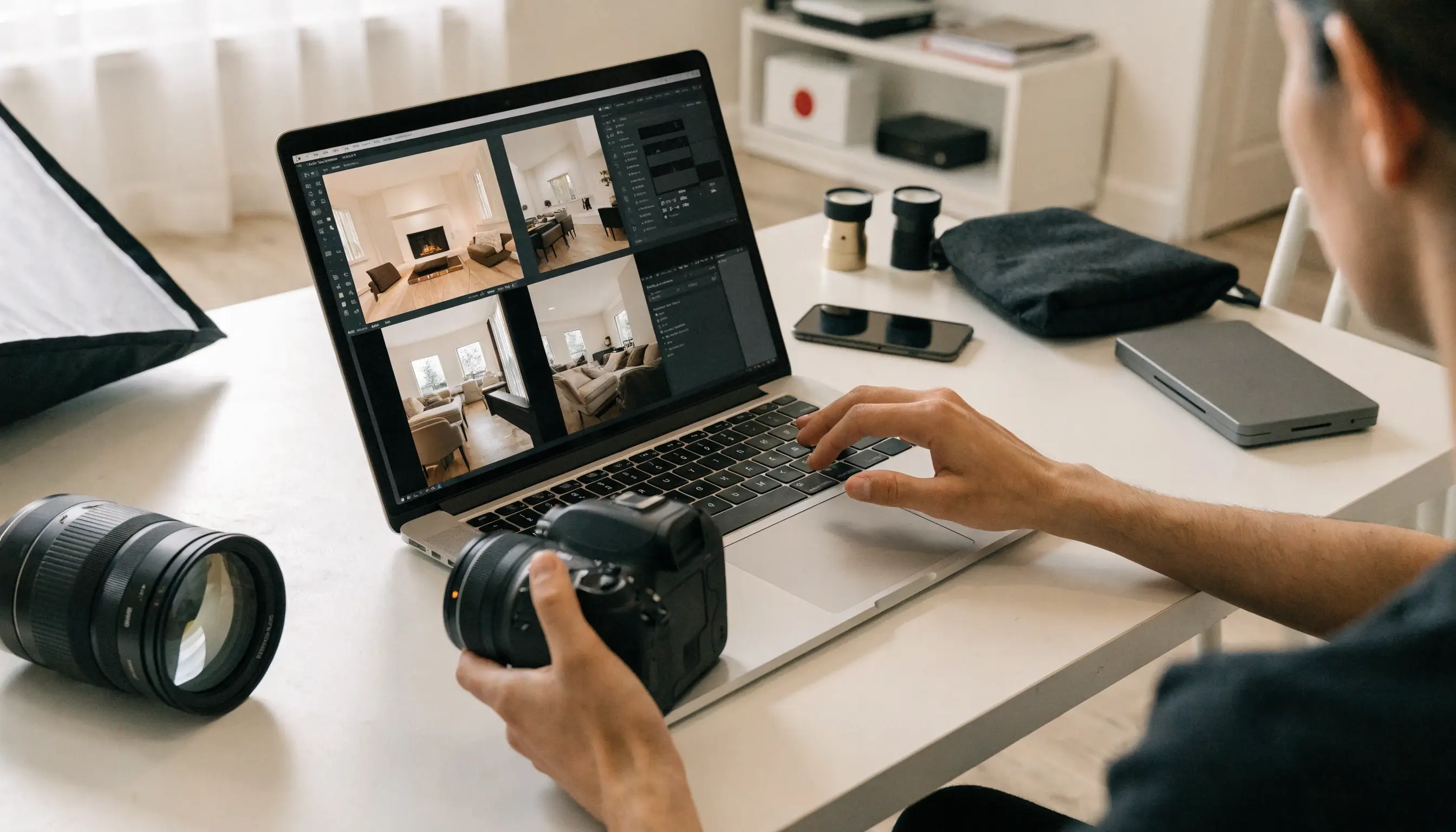 Photographer uploading a delivered listing gallery from a laptop to turn into a real estate video