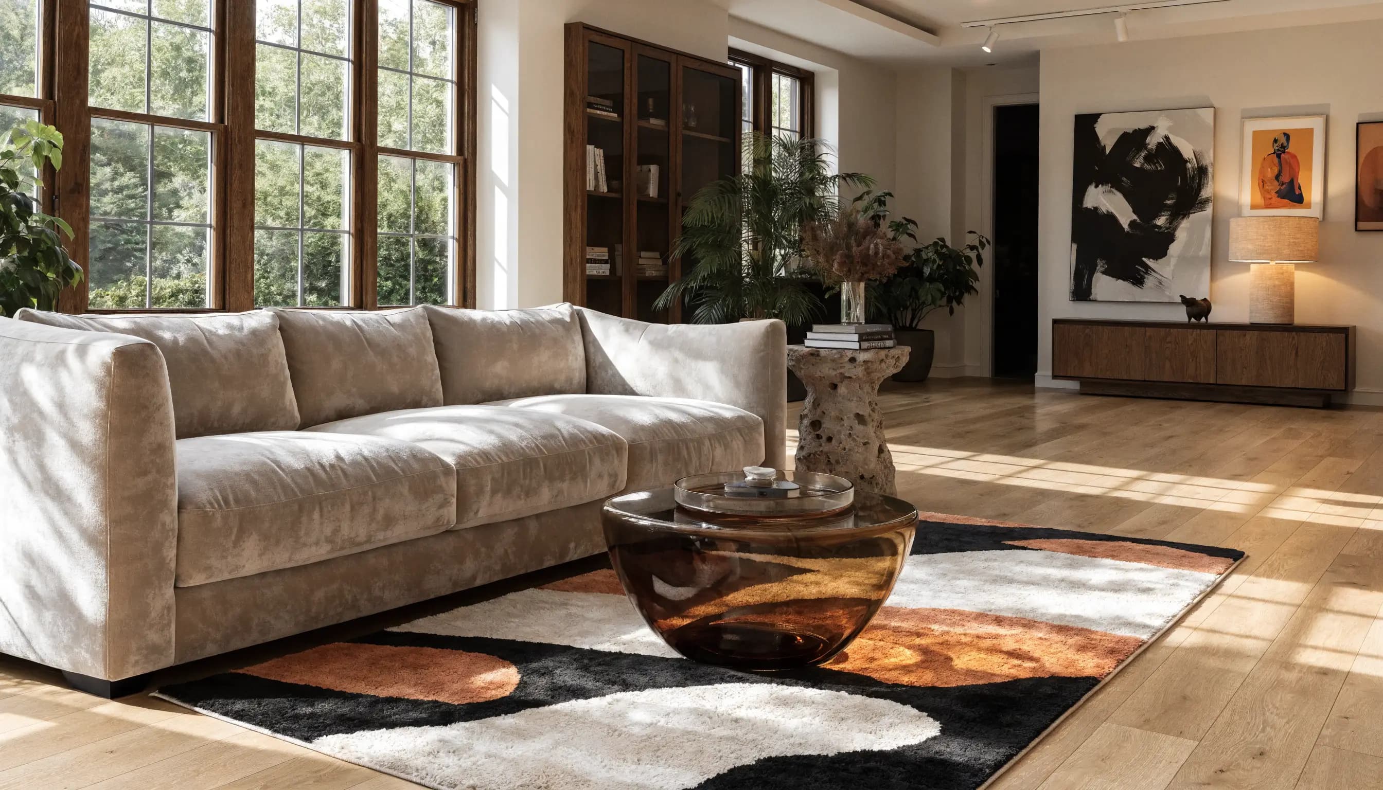 A virtually staged living room furnished with a sofa, rug, and decor for a real estate listing