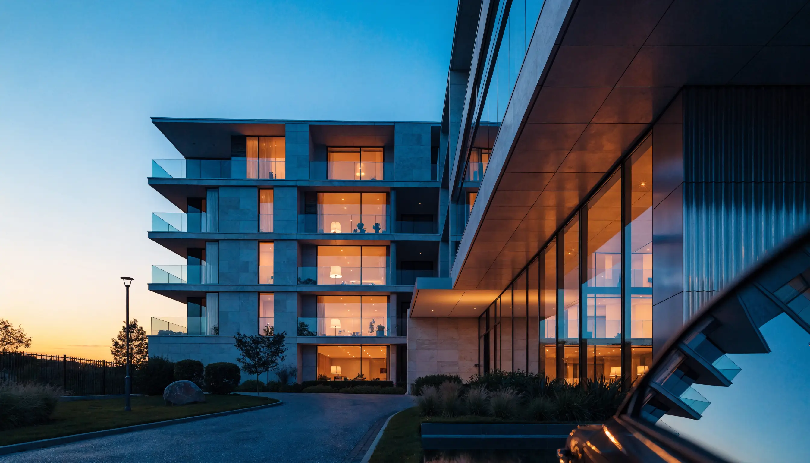 Time-lapse exterior shifting from day to twilight in a listing video