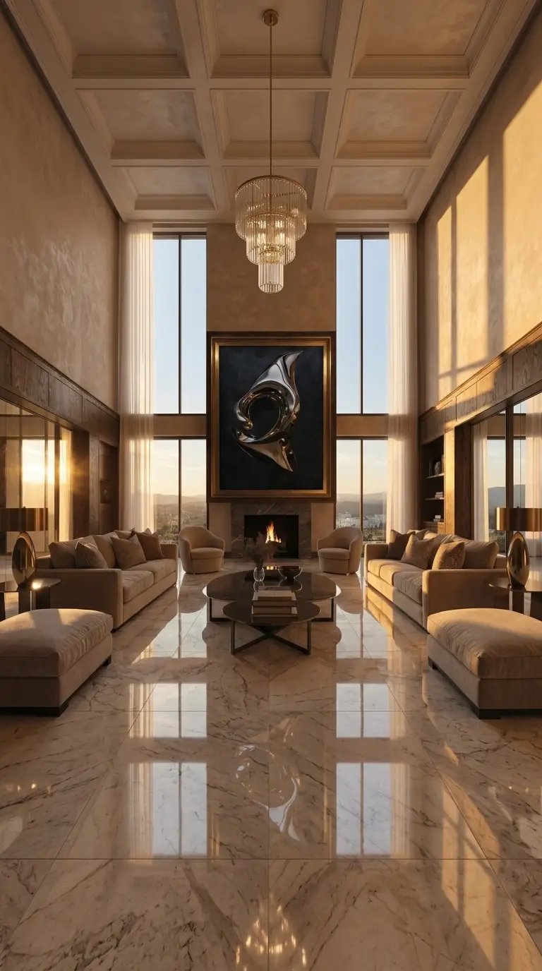 A modern living room recomposed for a tall 9:16 vertical frame, with the full room and focal point kept in view for mobile placements
