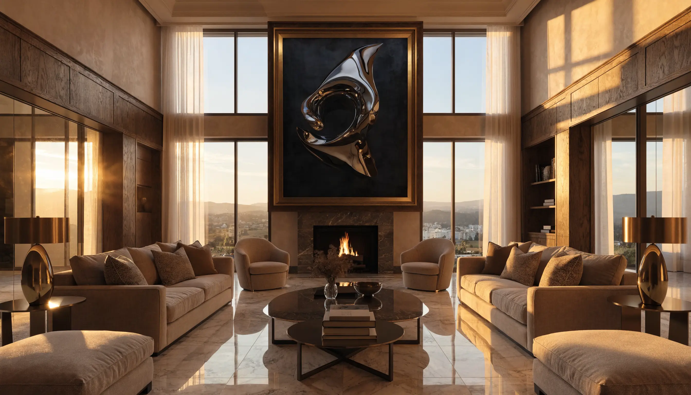 A wide 16:9 listing photo of a furnished living room showing the full width of the space, including sofas and corners